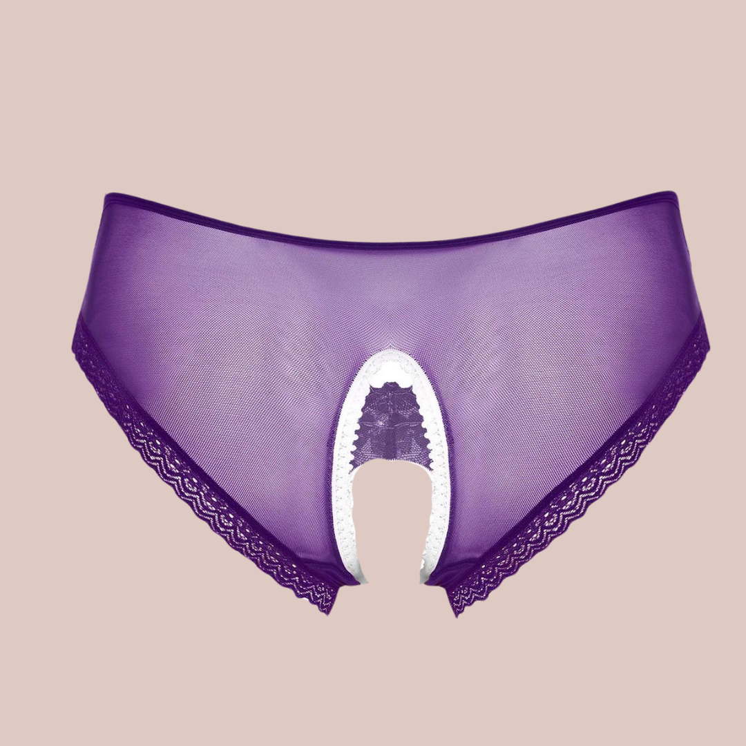 The rear view of the mesh and lace panties, the back is fully mesh with lace edging to the legs.