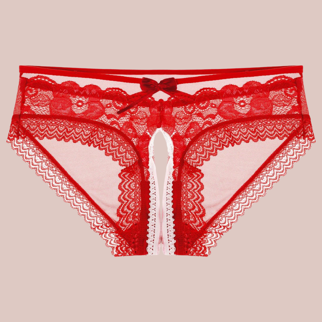 A front view of the red mesh and lace panties, you can see how delicate and pretty they are.