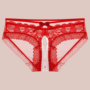 A front view of the red mesh and lace panties, you can see how delicate and pretty they are.