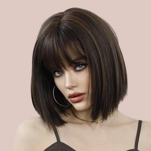 Another image of the soft brown wig, it has a fashionable bob cut and soft fringe.