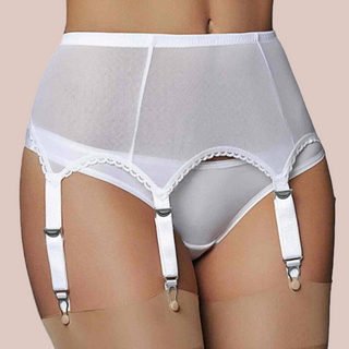 The white Sheer Six Strap Suspender Belt, you can see the sheer material and metal clasps.