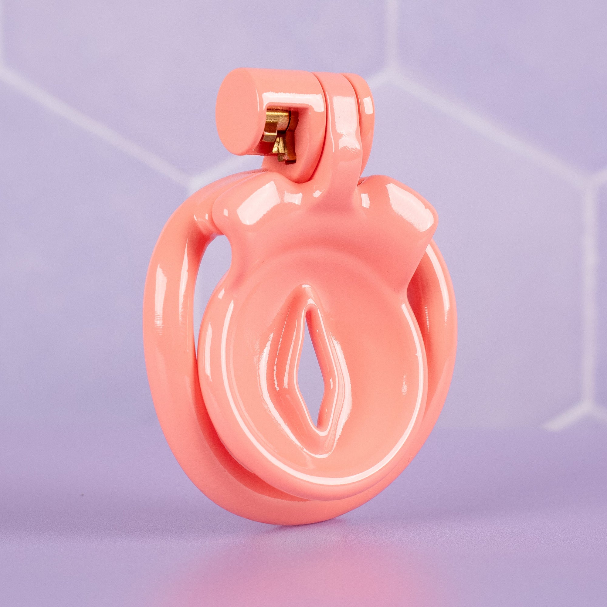 An angled view of the fully assembled chastity cage, you can see the inverted cage design.