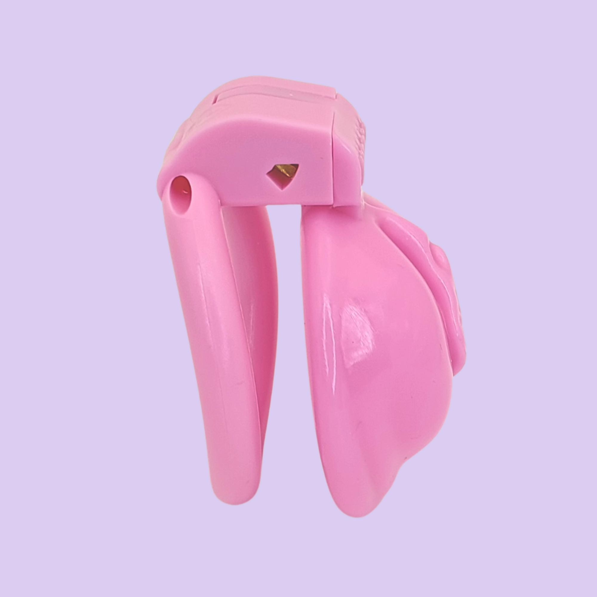 A complete side view of the Sissy Pussy Chastity Cage which shows the narrow depth of the chastity device and how it looks with the base ring and integral lock in place.