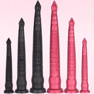 All three sizes of dildo in both colours shown against a pink background