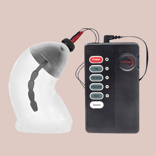 The Smooth Silicone chastity cage is shown here with the electro head attached to the controller, ready to shock.