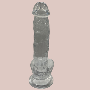 A front view of the Clear Silicone Dildo, you can see the shaped head.