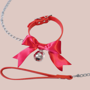 Shown is the red satin soft collar with the bell and lead.