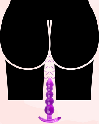 The purple butt plug is shown with arrows pointing towards a human bottom, the toy is designed to be inserted here.