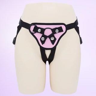 The harness with rubber rings shown on a model, it is shown on a purple background