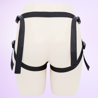 A rear view of the harness on a model, it is shown on a purple background.