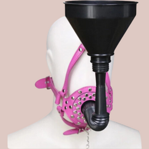 A front view of the pink studded head gag with funnel fixed in place.