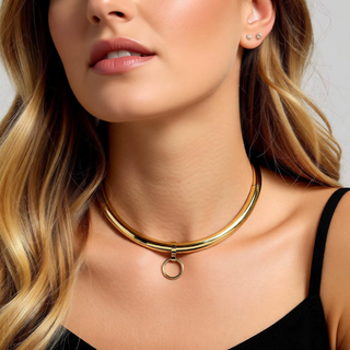 The Sub Rosa Necklace in Gold, the neckace is shown being modelled.