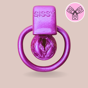 A front view of The Super Small Sissy Pussy chastity cage from House Of Chastity, you can see the word SISSY printed across the front, the small decorative cage.