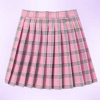 A close up of the pink tartan pleated mini skirt on a purple background