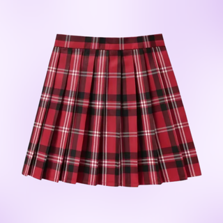 The red/black tartan mini skirt shown on a purple background