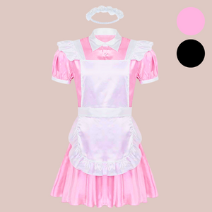  Belinda sissy maids dress, shows the pink satin dress, white satin frilly apron and satin head band.