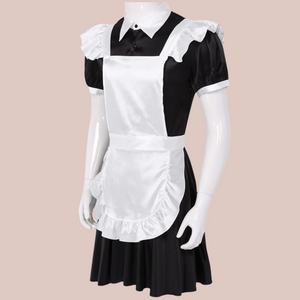 Showing The Belinda satin maids dress being modelled, it is a soft satin dress with satin apron.