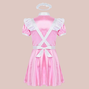 Back view of the Belinda sissy maids dress, it has a full skirt, the apron crosses over the back and ties at the waist, the satin headband can e seen above the outfit.