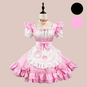 The Bella Pink, White & Gingham maids dress, ithe full set of dress, apron, detachable bow and collar are all shown in the image.
