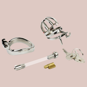 This product comes with one chastity cage, one ring base, one urethral tube, one lock and two keys.