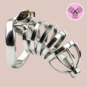 A silver stainless steel chastity cage with full submission fountain bar head design, four circular rings that fit into the base ring to allow the integral lock to fix into place. There is also a urethral tube that has a matching metal top for fixing in place.