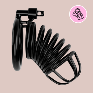 The ribbed ring style Black Coil chastity cage is shown with its enclosed end and base ring.