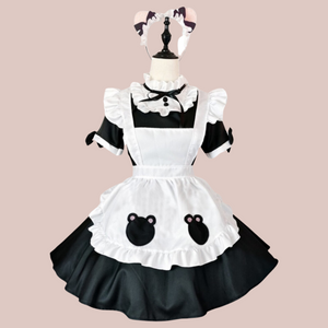 The Bonnie black maids Dress from House of Chastity/ It is shown fully assembled on a mannequin, you can see the detailing on the apron and the cute ears headband.
