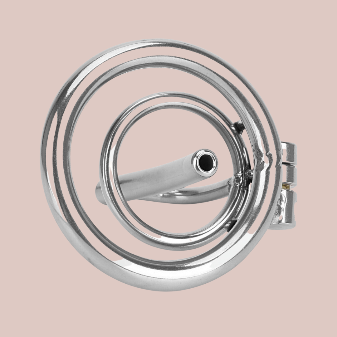 An under view of The Clink from House Of Chastity. You can see the end of the urethral tube, the base ring and the secondary ring that the penis will be secured through.