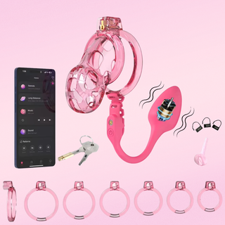 Showing everything that is included with this kit, the chastity cage, vibrating egg, 6 x base rings, 1 x urethral tube, 1 x padlock, 2 x keys 3 x tags.
The mobile phone is shown as an app can be downloaded for the vibrating egg, but this is only available to android phones.