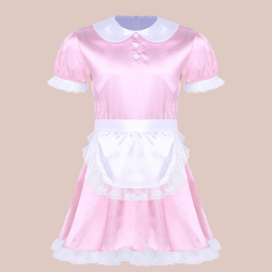 The pink rounded collar Denise satin maid dress, with white waist apron.