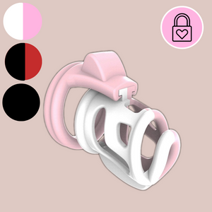 The Fifi Chastity Cage shown fully assembled, you can see from the two circles on the top left that it comes in pink and white, black and red, or black