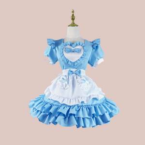 The florence blue frilly dress, a pretty fitted dress with two layers of frills to the skirt, ruched puffed sleeves, large heart detail to the chest and white frilled half apron with blue bow accents.