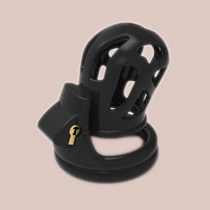 Design 1 of the Ghost Chastity Device, you can see the straight cage with the rounded end front a standing view, it is fitted to the base ring and the integral lock is in place