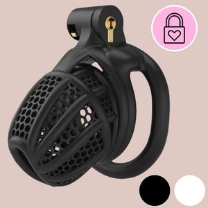 The black version of The Hive from House Of Chastity is shown from the side view fully assembled. You can see the close up of the hole design that runs throughout the cage.