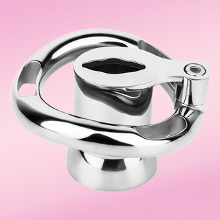 An angled view of the chastity cage, the cup and its tube create a negative length.