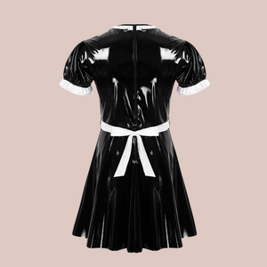 The back of The Jessica wet look maids dress, showing the frilled edging to the neck and sleeves and the sash tie to the apron.