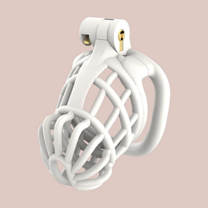 A side view of The white Jurassic chastity cage fully assembled, it is shown here with the angled base ring.