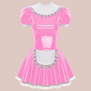 The Maisie maid dress in pink, you can see that this is a one piece dress with high neck collar, puff short sleeves and an inbuild apron.