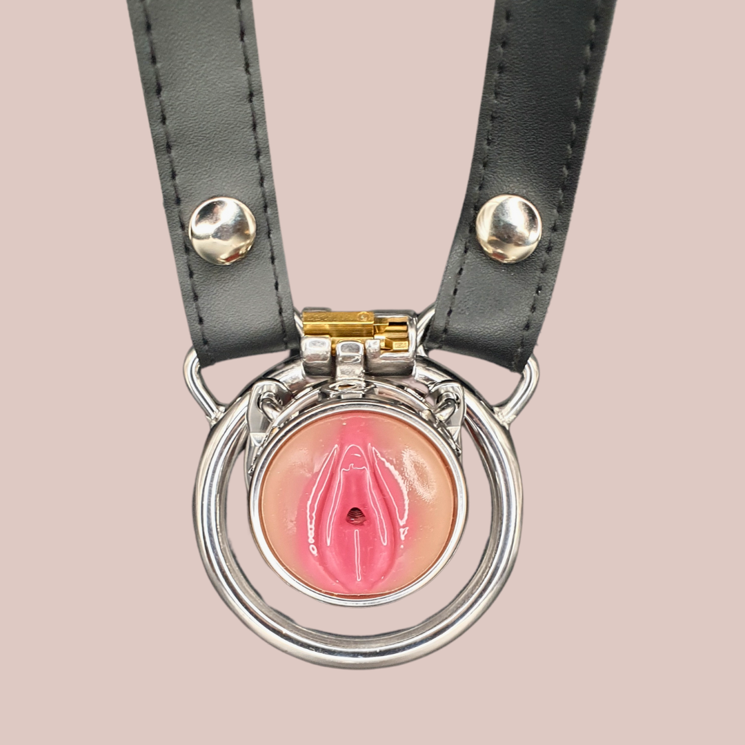 A front view of the The Pussy ring chastity cage it is shown here fullly assembled with the base ring, barbed ring and belt attached.