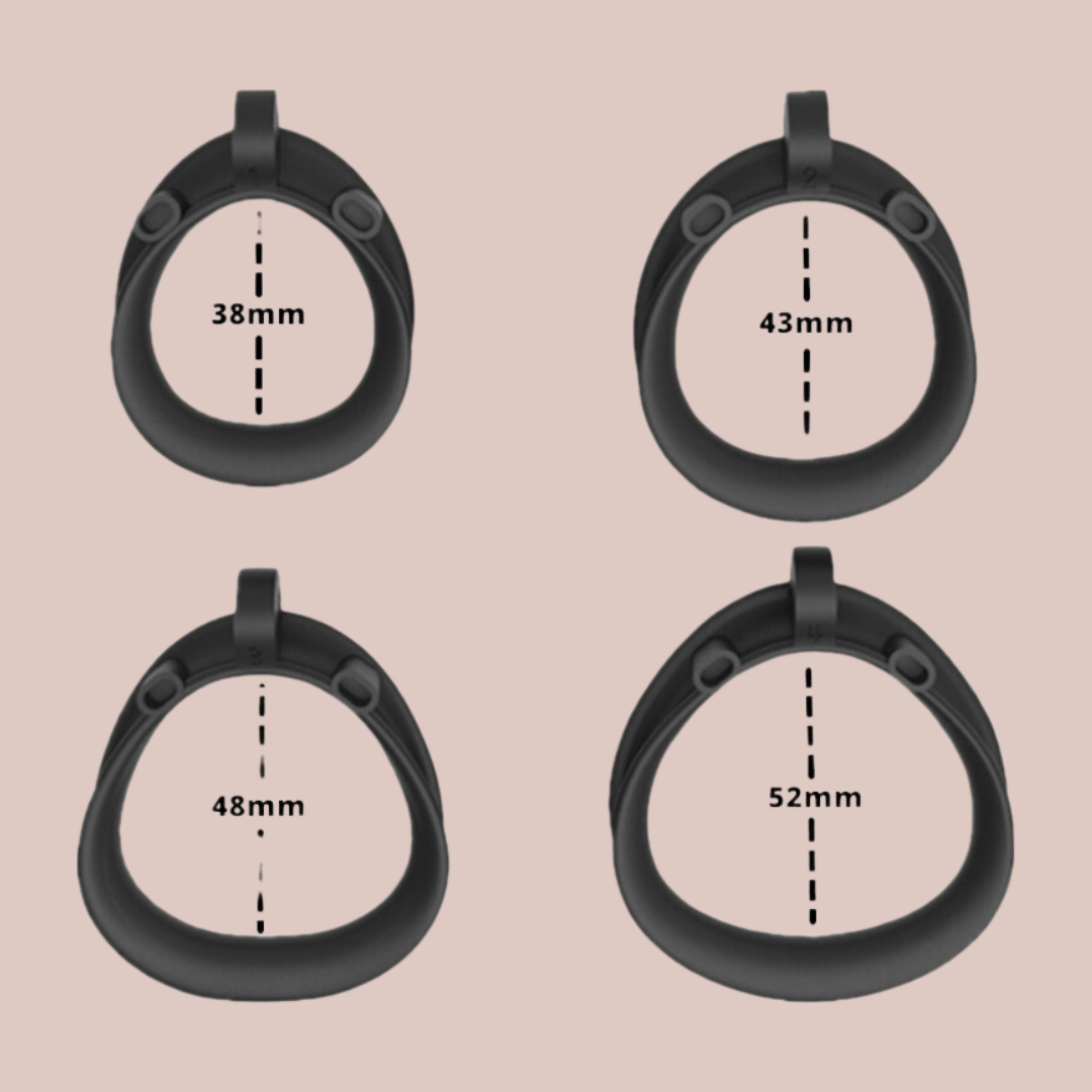 An image of the base ring size options for The Python chastity cage from House Of Chastity, the Python has double cuff style base rings and come with 4 base rings, 38mm, 43mm, 48mm and 52mm to cover a variety of sizes.