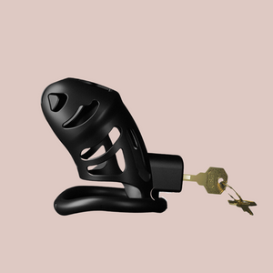 An angled view of The Sevanda from House Of Chastity in black, it is shown here with the keys inserted.