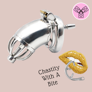 A side profile of the metal Shaft Bird, you can see the chastity cage body attached to the base ring and held in place with the integral lock. From this angle you can also see the urethral tube that runs through the centre of the cage and how it is attached to the head of the chastity device.