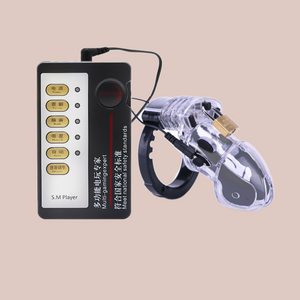 The 600HOC shocker is pictured in clear, it is similar to the CB6000, yet it has detachable electronic pads that allow the wearer to receive electric shocks. The control panel is also shown.
