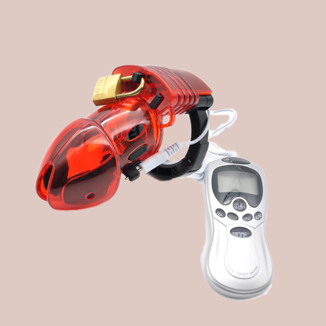 The 600HOC shocker is pictured in red, it is similar to the CB6000, yet it has detachable electronic pads that allow the wearer to receive electric shocks. The control panel is also shown.