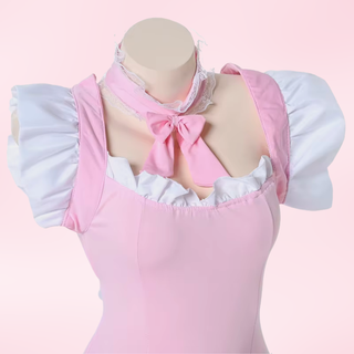 A close up of the frilled neckline and shoulders, and neck collar.