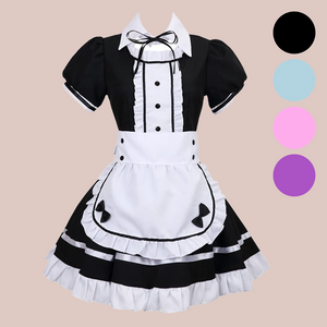 The Suzie black maids dress, shown with its black dress, white frilled bib, white frilled edging to the skirt, neck and sleeves, white collar and white half apron with black bows.. The coloured circles on the right show all of the  colours that the  dress is available black, blue, pink and purple.