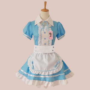The Suzie blue maids dress, shown with its blue dress, white frilled bib, white frilled edging to the skirt, neck and sleeves, white collar and white half apron with blue bows.