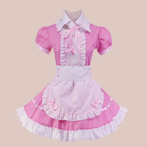The Suzie pink maids dress, shown with its pink dress, white frilled bib, white frilled edging to the skirt, neck and sleeves, white collar and white half apron with pink bows.