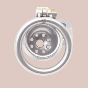 A rear view of The Ultra chastity cage, you can see the holes within the face of the chastity cage, and how the base ring fits onto the cage.