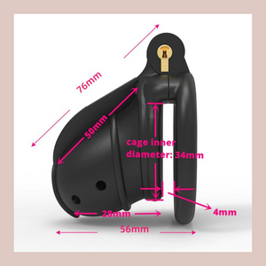 A diagram of the dimensions for The Wasp chastity cage.